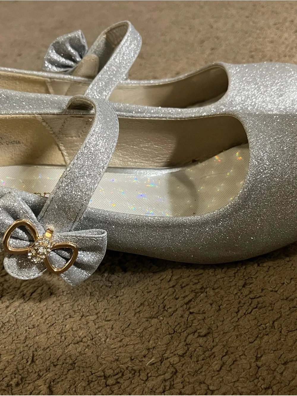 Dufannie Girls Sparkle Silver Mary Jane Dress Shoes with Bow Accent